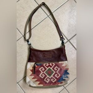 Myra Bag Brown Leather-Trim Aztec Shoulder Bag with Multicolor Woven Front